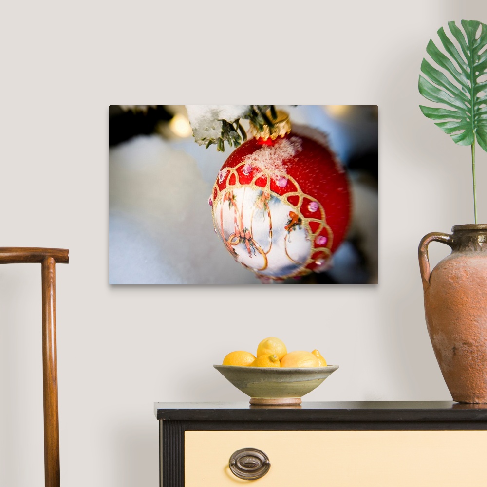 A traditional room featuring Close up of a Christmas ornament hanging on a snowcovered branch outdoors during winter