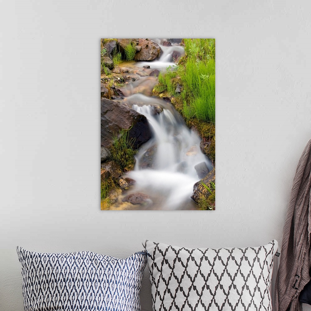 A bohemian room featuring Vertical canvas print of a stream washing down a hill through rocks.