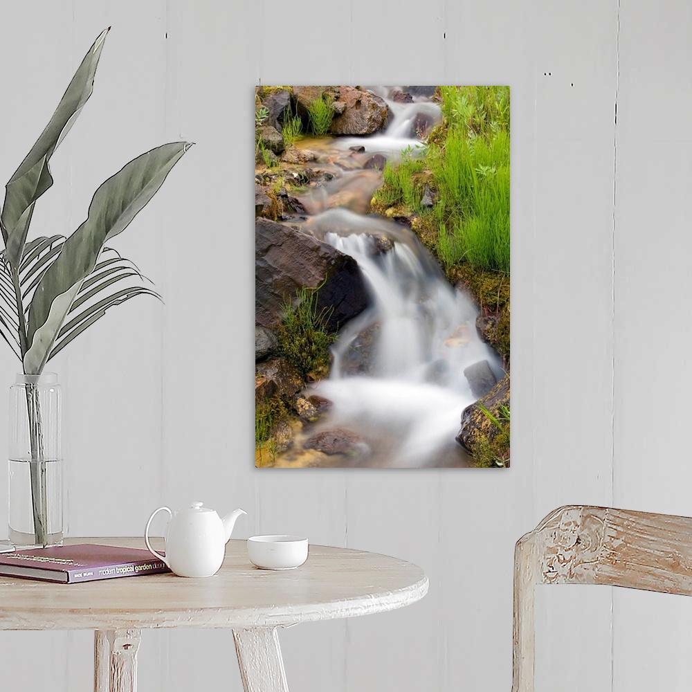 A farmhouse room featuring Vertical canvas print of a stream washing down a hill through rocks.