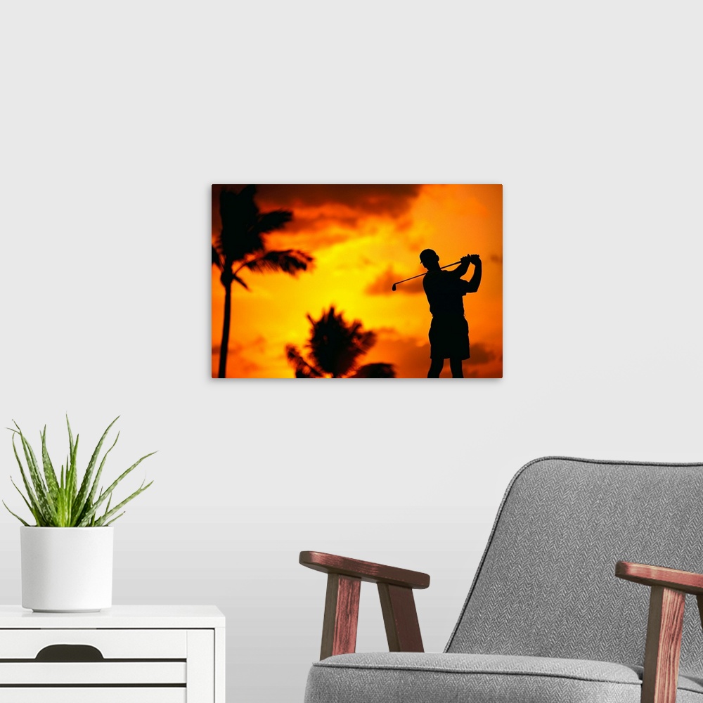 A modern room featuring Close-Up Of Man Swinging, Silhouetted In Orange Skies, Palms Hazy In Background