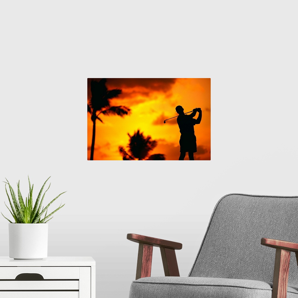 A modern room featuring Close-Up Of Man Swinging, Silhouetted In Orange Skies, Palms Hazy In Background