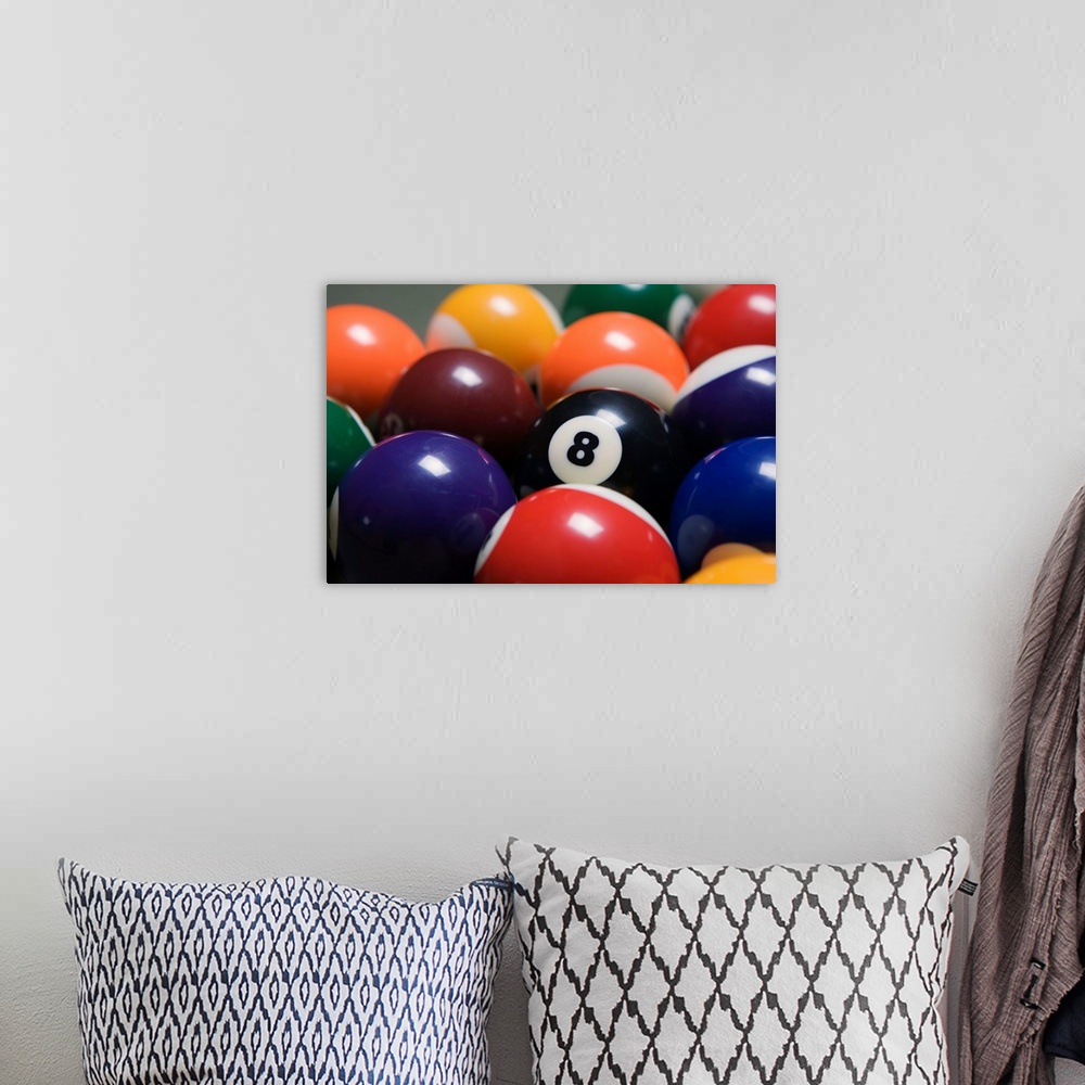 A bohemian room featuring Close Up Of Pool Balls Racked On A Billiard Table Focused On The Eight Ball
