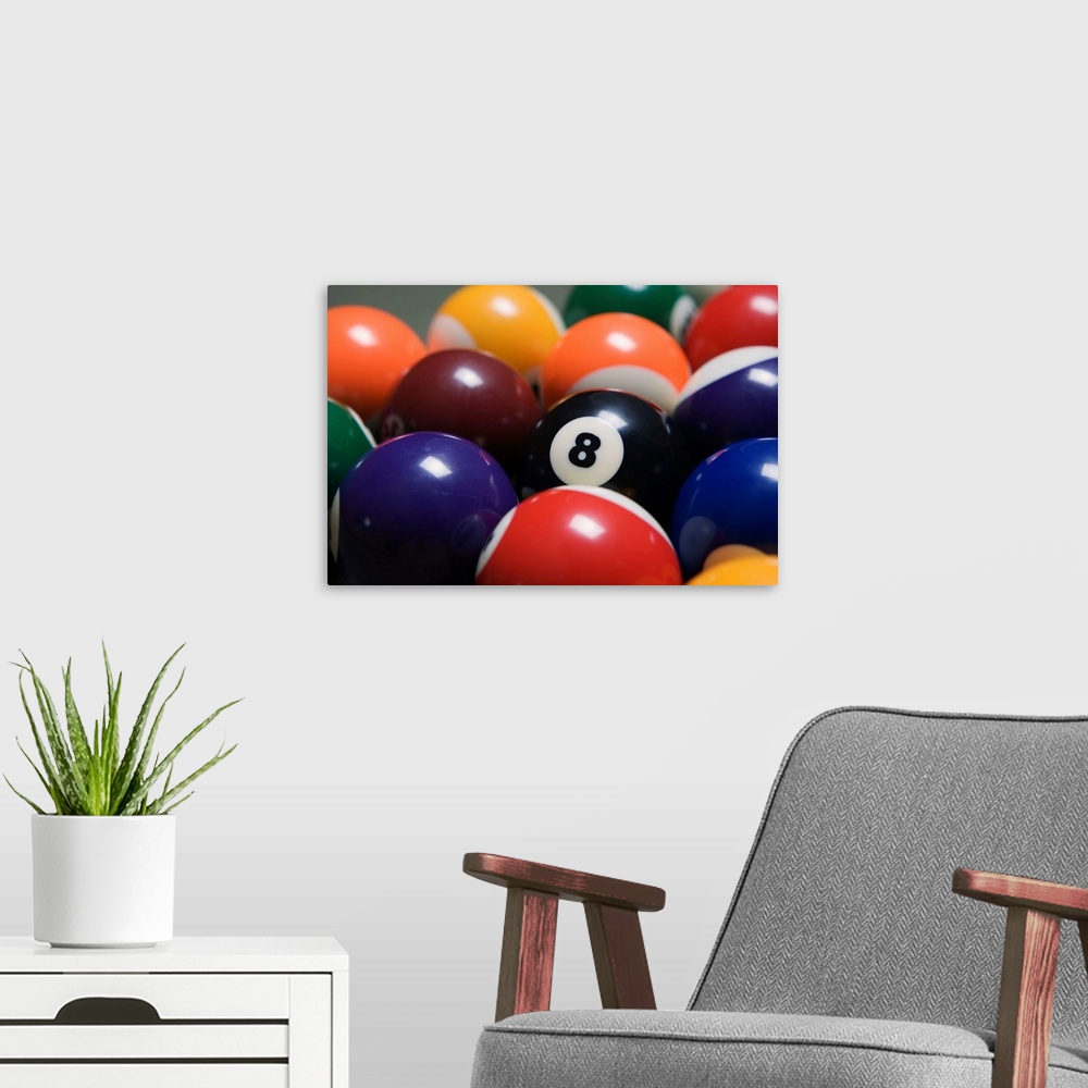 A modern room featuring Close Up Of Pool Balls Racked On A Billiard Table Focused On The Eight Ball
