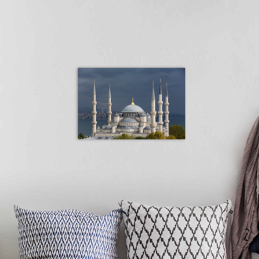 A bohemian room featuring Close-up of the Blue Mosque (Sultan Ahmed Mosque) under a grey sky, ground breaking in 1609, UNES...