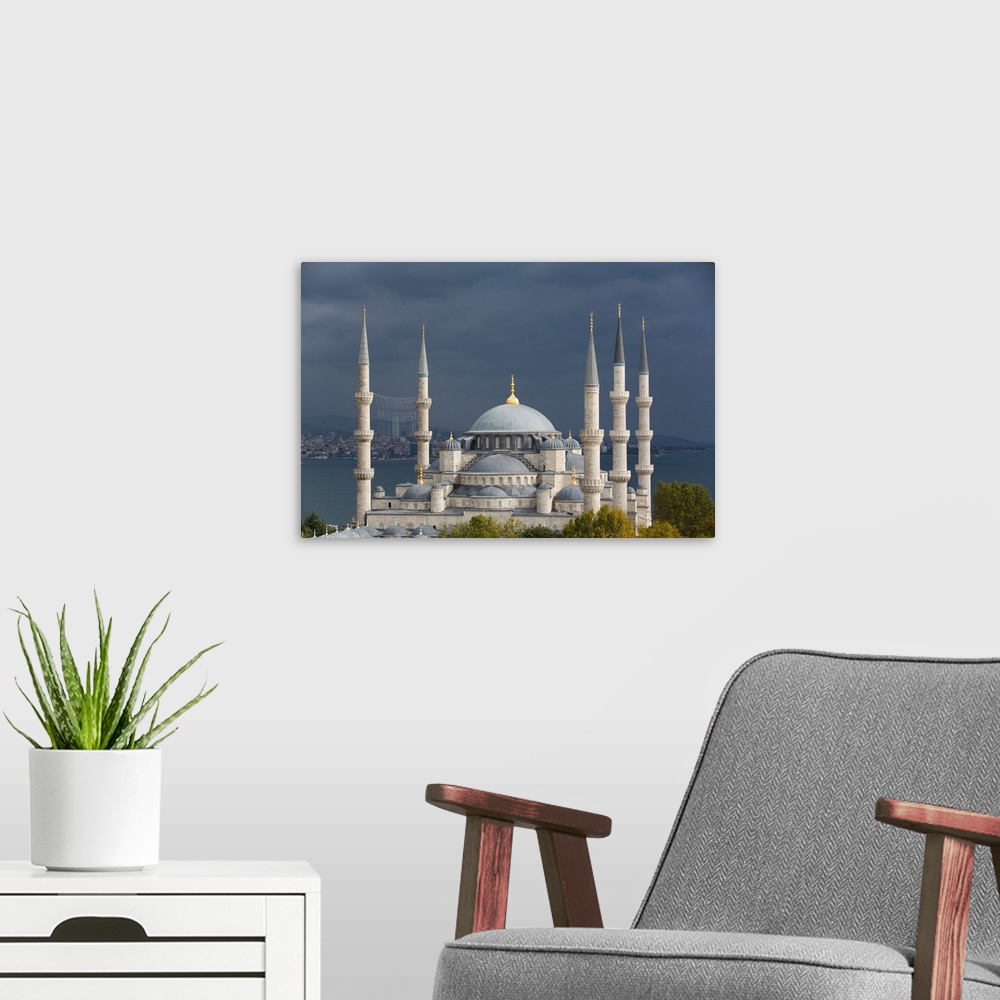 A modern room featuring Close-up of the Blue Mosque (Sultan Ahmed Mosque) under a grey sky, ground breaking in 1609, UNES...