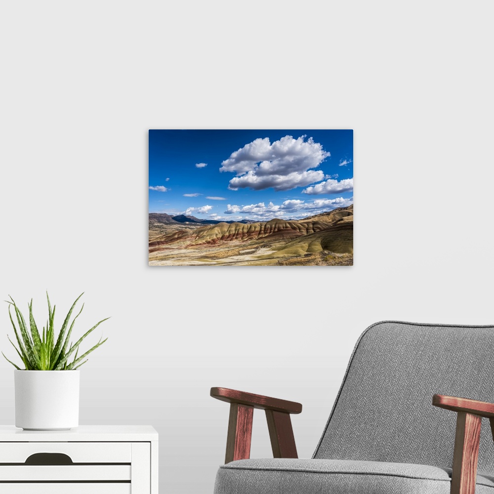 A modern room featuring Clouds float above the Painted Hills Unit of John Day Fossil Beds National Monument; Mitchell, Or...