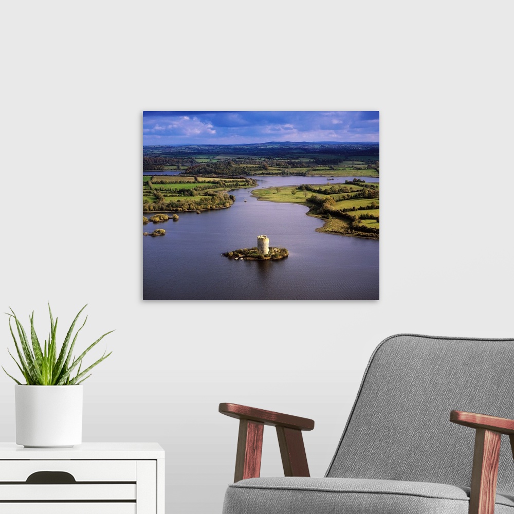 A modern room featuring Cloughoughter Castle, County Cavan, Ireland, Aerial View Of Lough Oughter