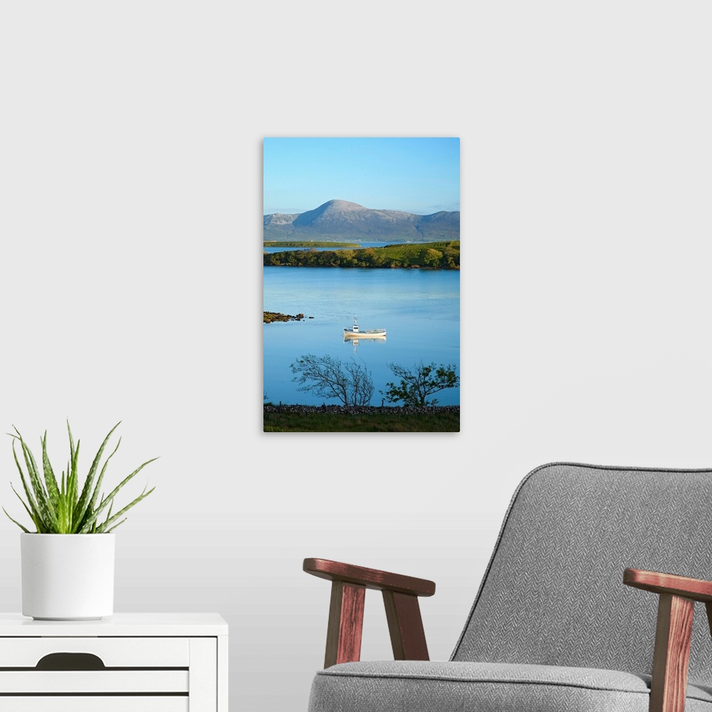 A modern room featuring Co Mayo, Ireland; Fishing Boat In Clew Bay Beneath Croagh Patrick