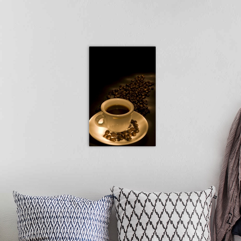 A bohemian room featuring Coffee Beans And Fresh Cup Of Coffee
