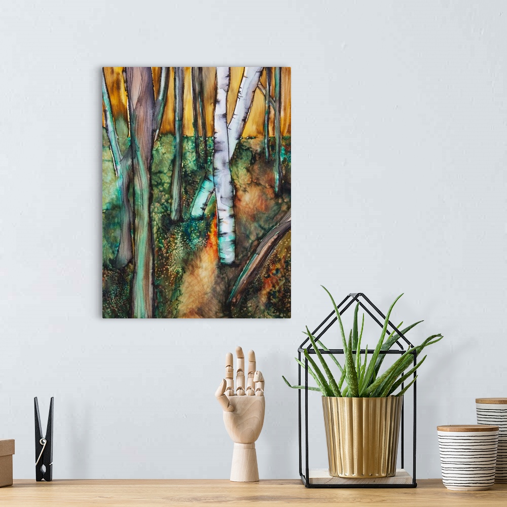 A bohemian room featuring Watercolor painting of a colorful forest