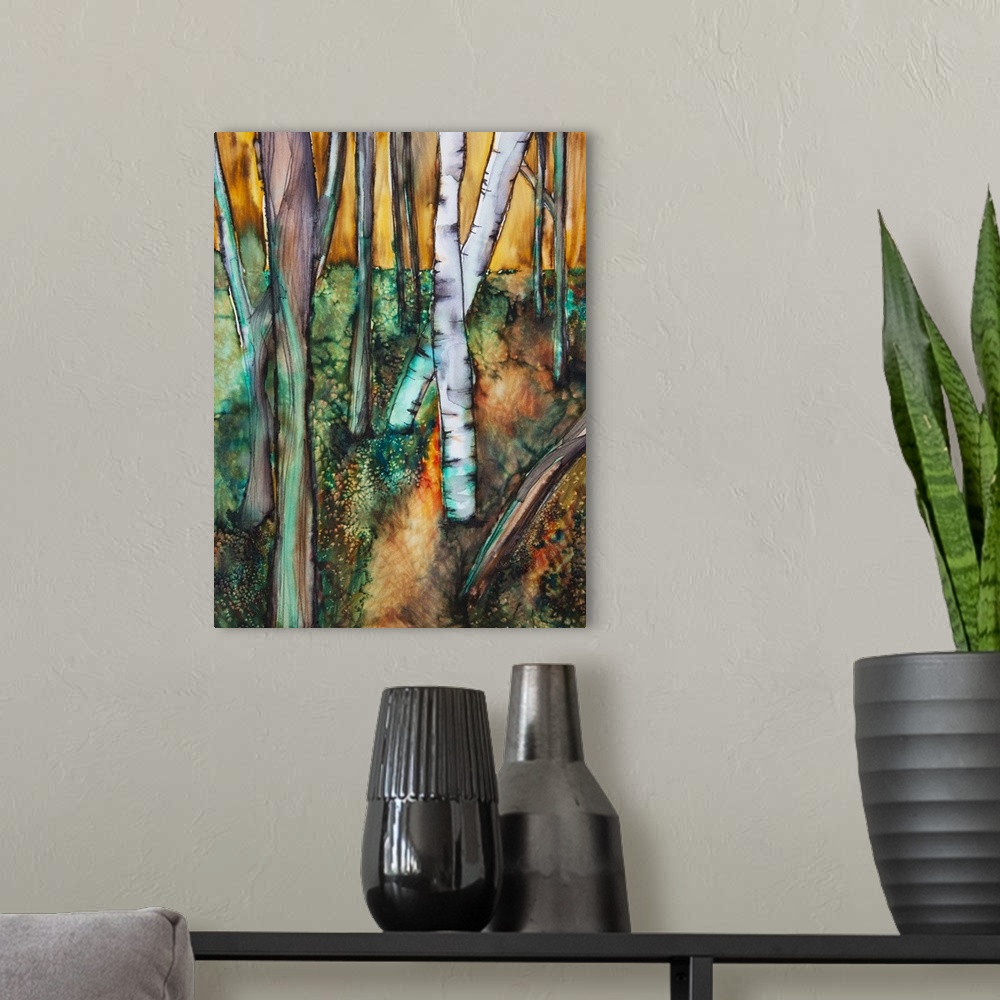 A modern room featuring Watercolor painting of a colorful forest