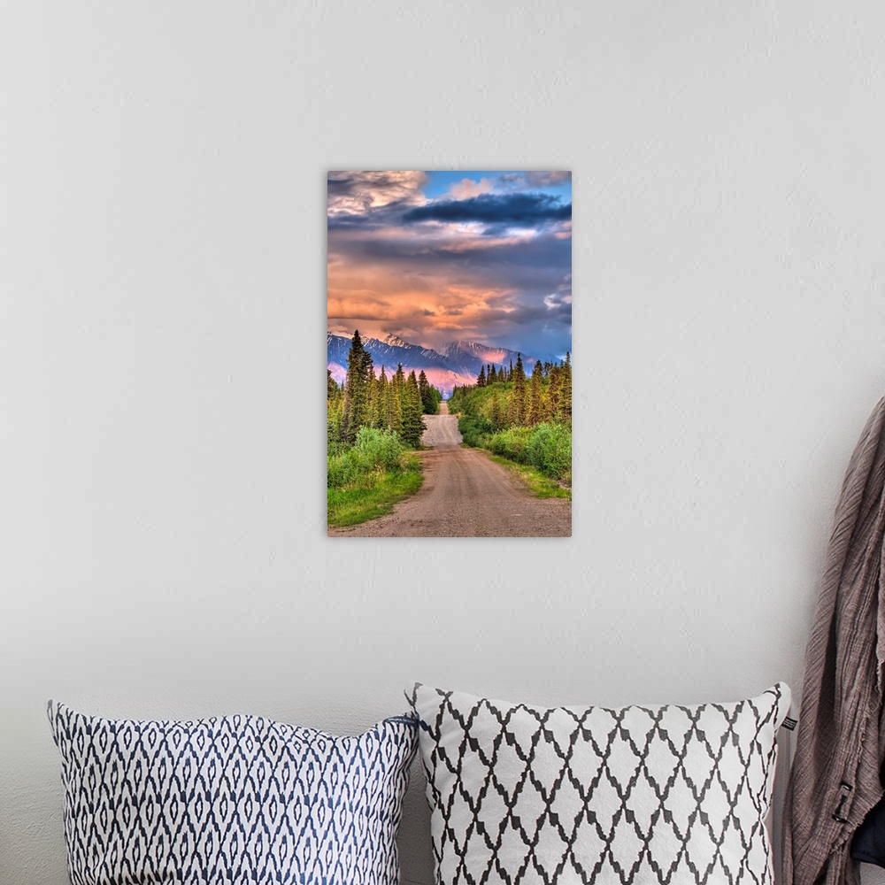A bohemian room featuring Colorful clouds at sunset over the Wrangell Mountains and Nabesna Road in Wrangell-St. Elias Nati...