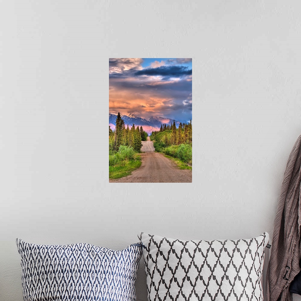 A bohemian room featuring Colorful clouds at sunset over the Wrangell Mountains and Nabesna Road in Wrangell-St. Elias Nati...