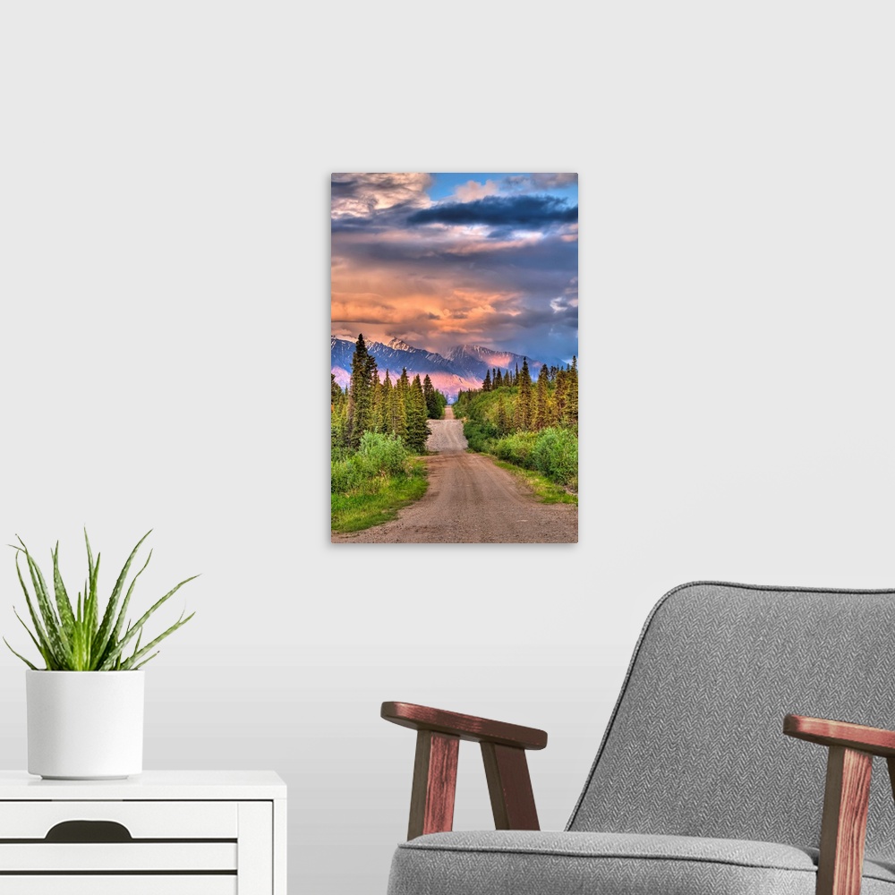 A modern room featuring Colorful clouds at sunset over the Wrangell Mountains and Nabesna Road in Wrangell-St. Elias Nati...