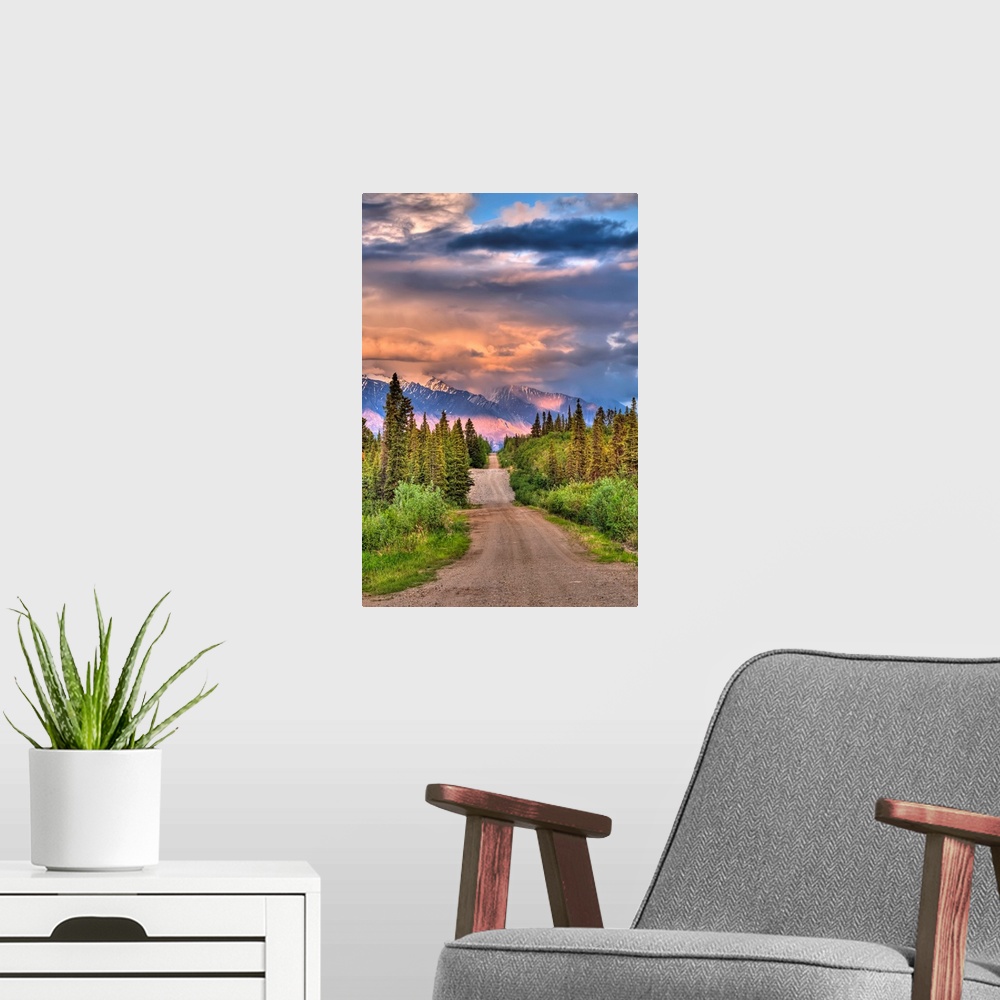 A modern room featuring Colorful clouds at sunset over the Wrangell Mountains and Nabesna Road in Wrangell-St. Elias Nati...