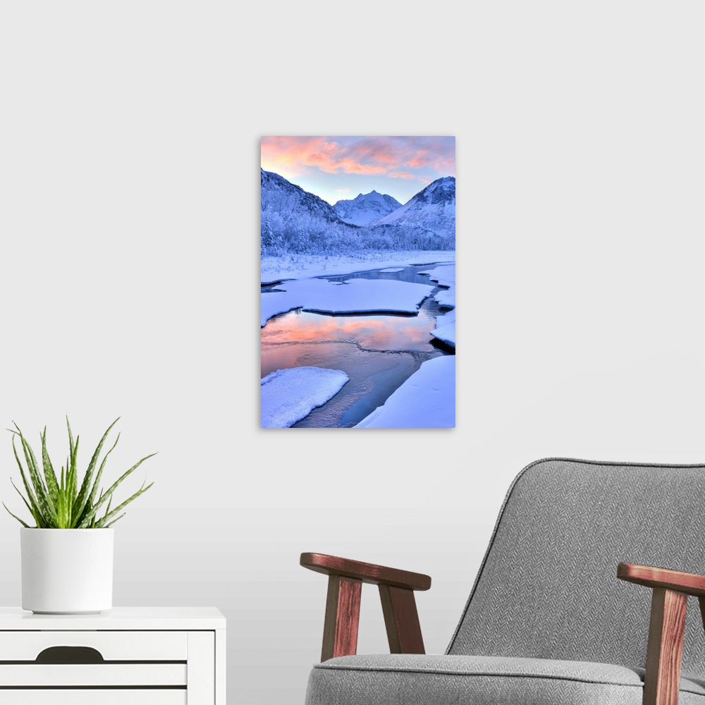 A modern room featuring Colorful sunrise over a stream at the Eagle River Nature Center in Chugach State Park, Southcentr...
