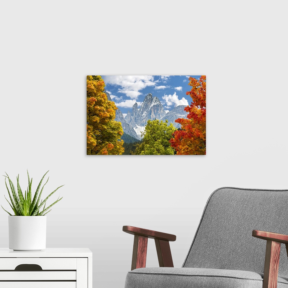 A modern room featuring Colourful trees in autumn framing dramatic mountain in the background; Sesto, Bolzano, Italy