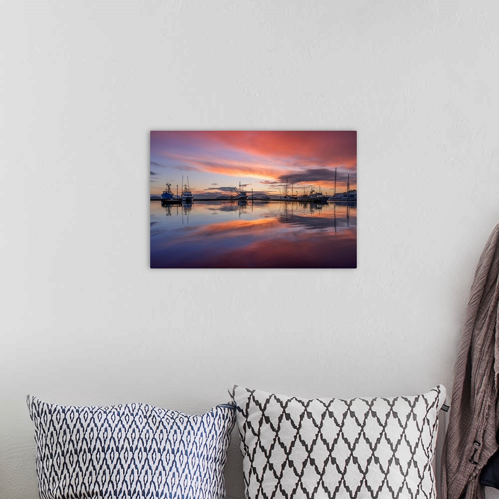 A bohemian room featuring Commercial fishing boats in Auke Bay at sunset, Southeast Alaska; Juneau, Alaska, United States o...