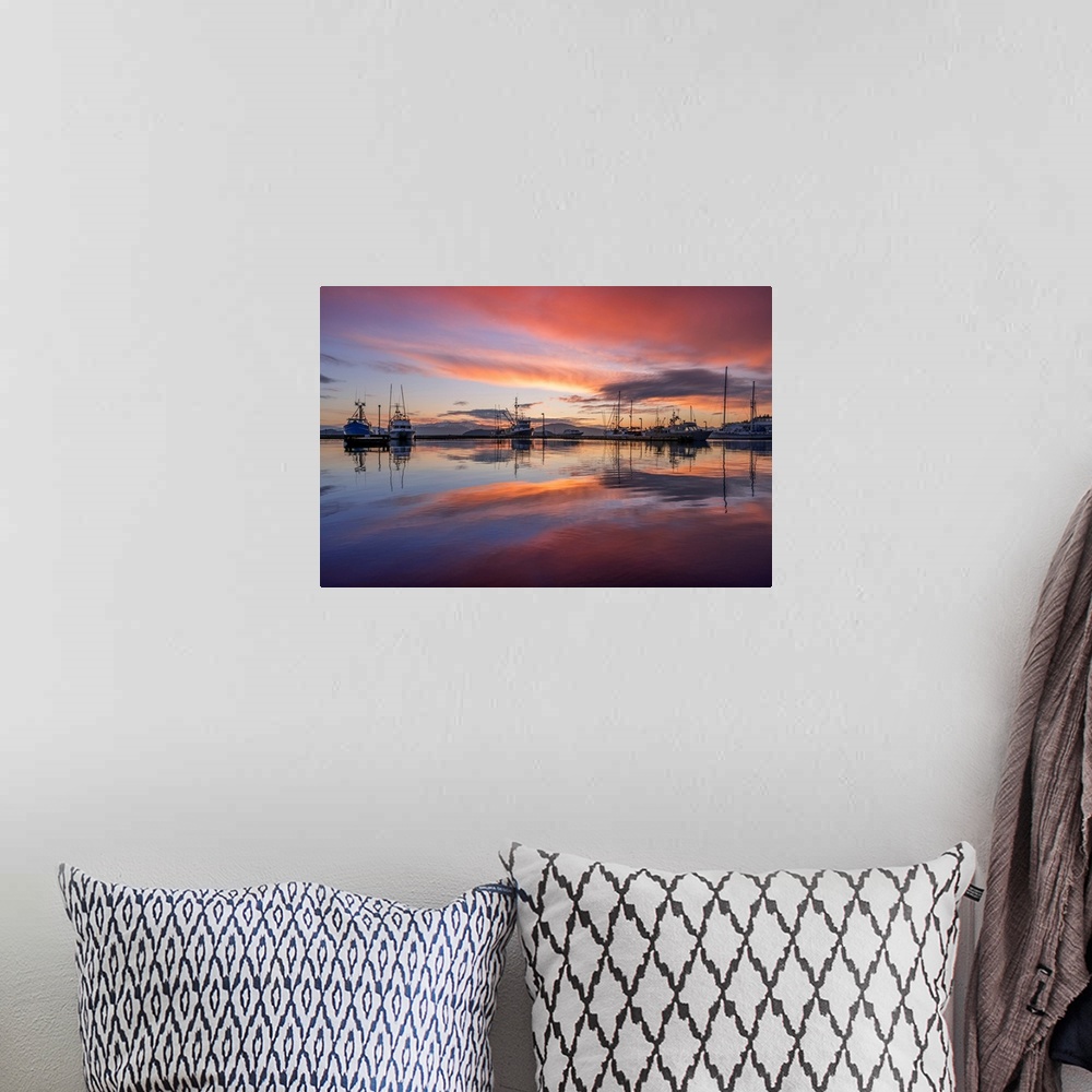 A bohemian room featuring Commercial fishing boats in Auke Bay at sunset, Southeast Alaska; Juneau, Alaska, United States o...
