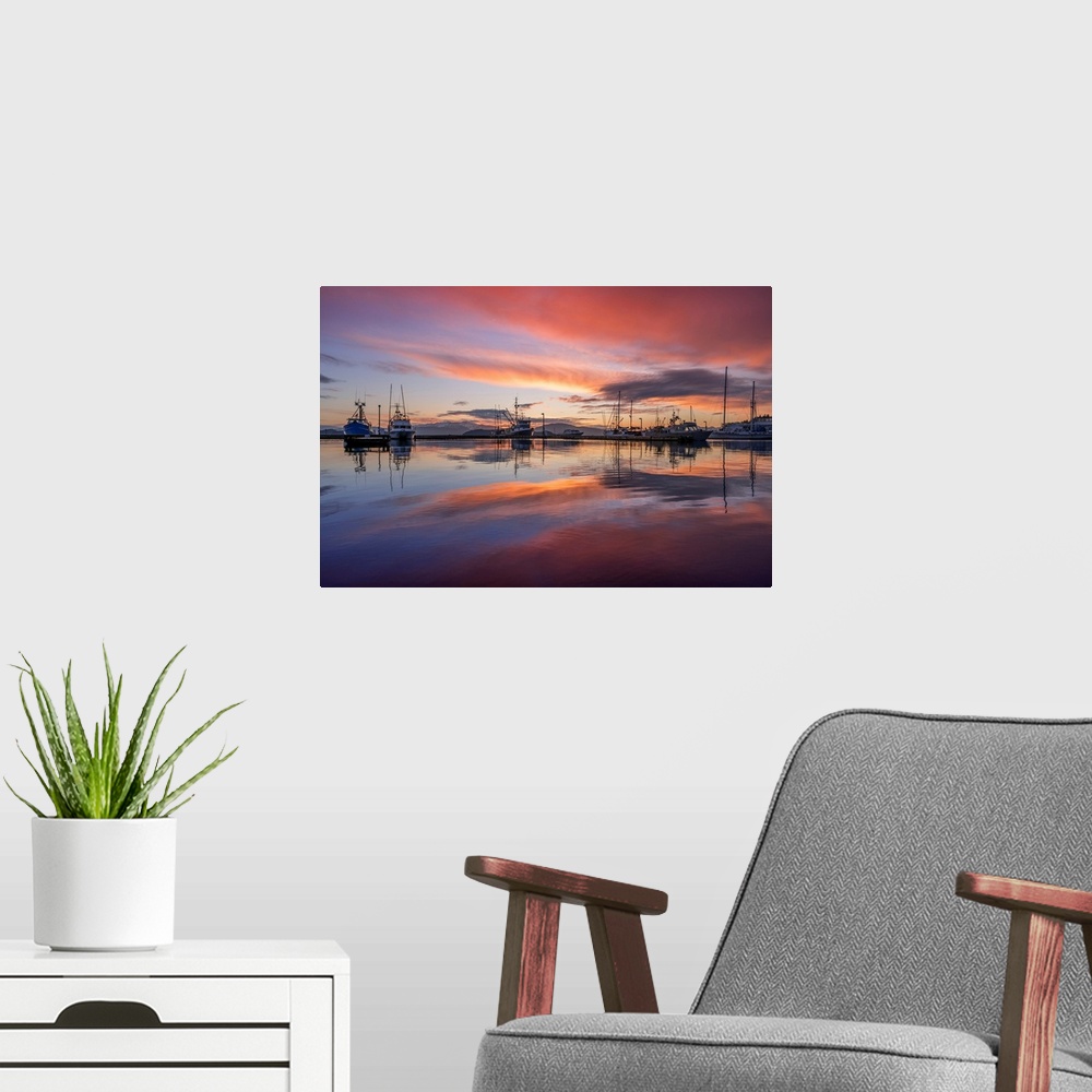 A modern room featuring Commercial fishing boats in Auke Bay at sunset, Southeast Alaska; Juneau, Alaska, United States o...