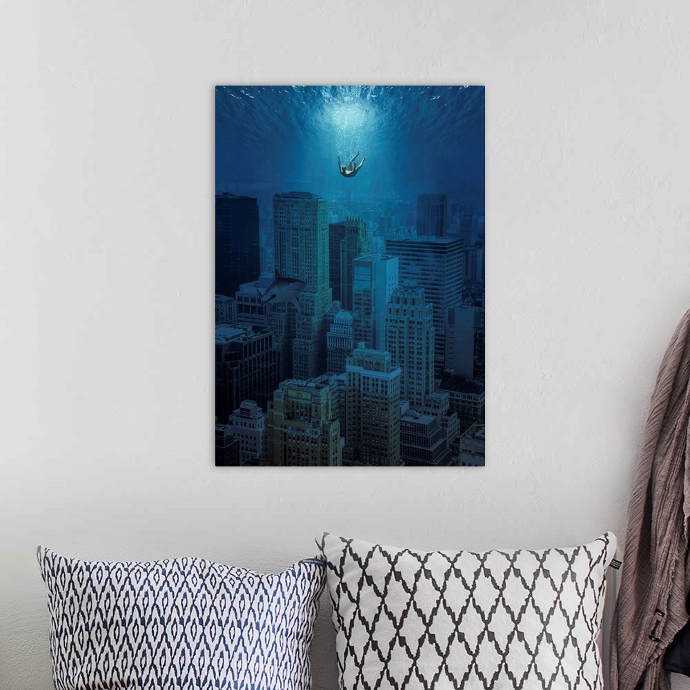 A bohemian room featuring Composite image of an underwater city with a human and shark.