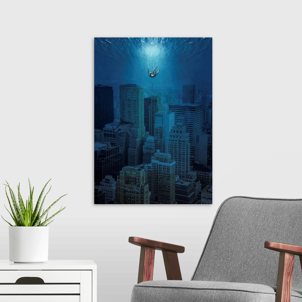 A modern room featuring Composite image of an underwater city with a human and shark.