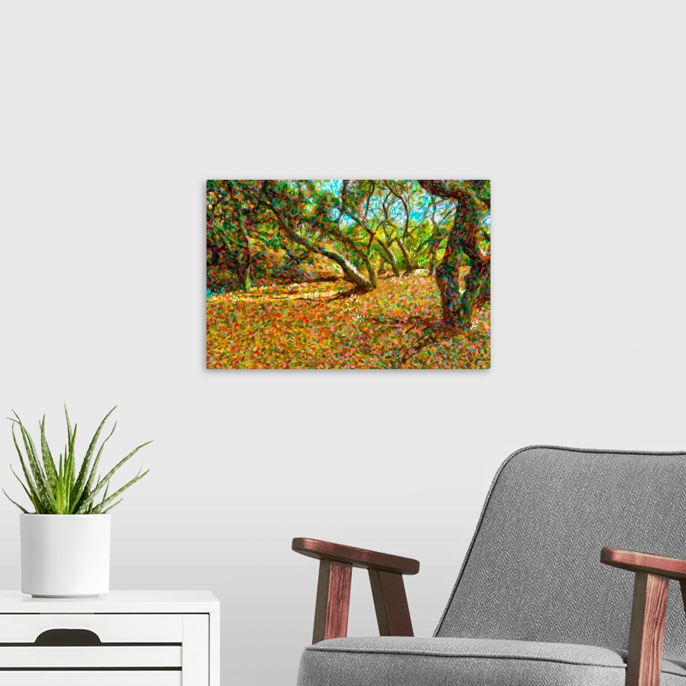 A modern room featuring Computer Generated Image Of Autumn Coloured Leaves Fallen From Trees.