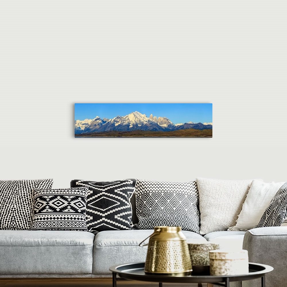 A bohemian room featuring Sunrise panorama of Cordillera Paine Range in Torres del Paine National Park with Lake Sarmiento ...