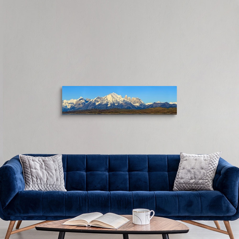 A modern room featuring Sunrise panorama of Cordillera Paine Range in Torres del Paine National Park with Lake Sarmiento ...