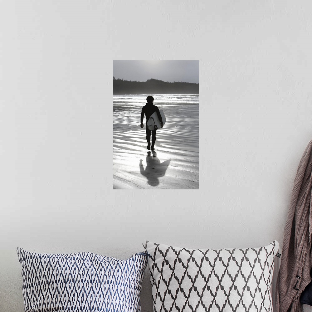 A bohemian room featuring Cox Bay, Tofino, British Columbia, Canada, Surfer Walking On The Beach