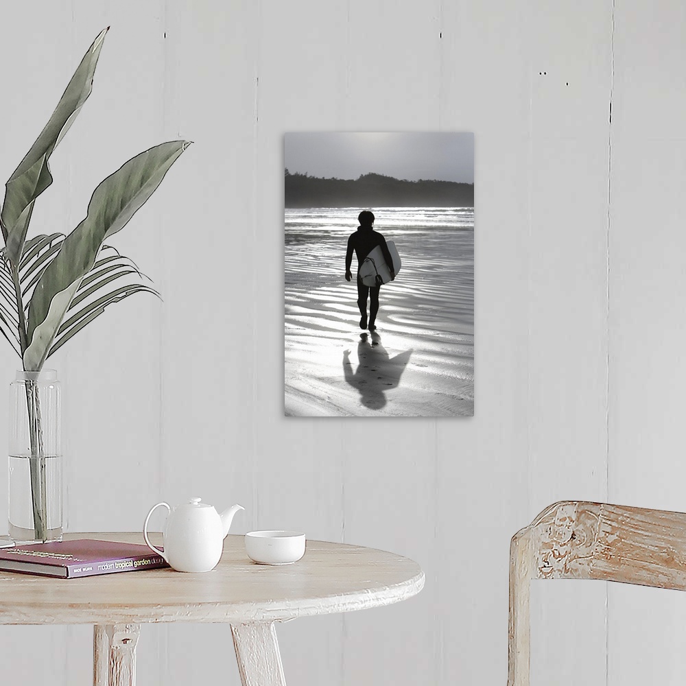 A farmhouse room featuring Cox Bay, Tofino, British Columbia, Canada, Surfer Walking On The Beach