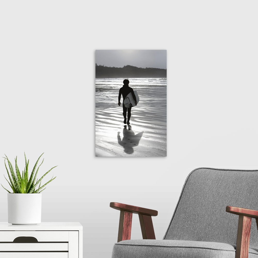 A modern room featuring Cox Bay, Tofino, British Columbia, Canada, Surfer Walking On The Beach