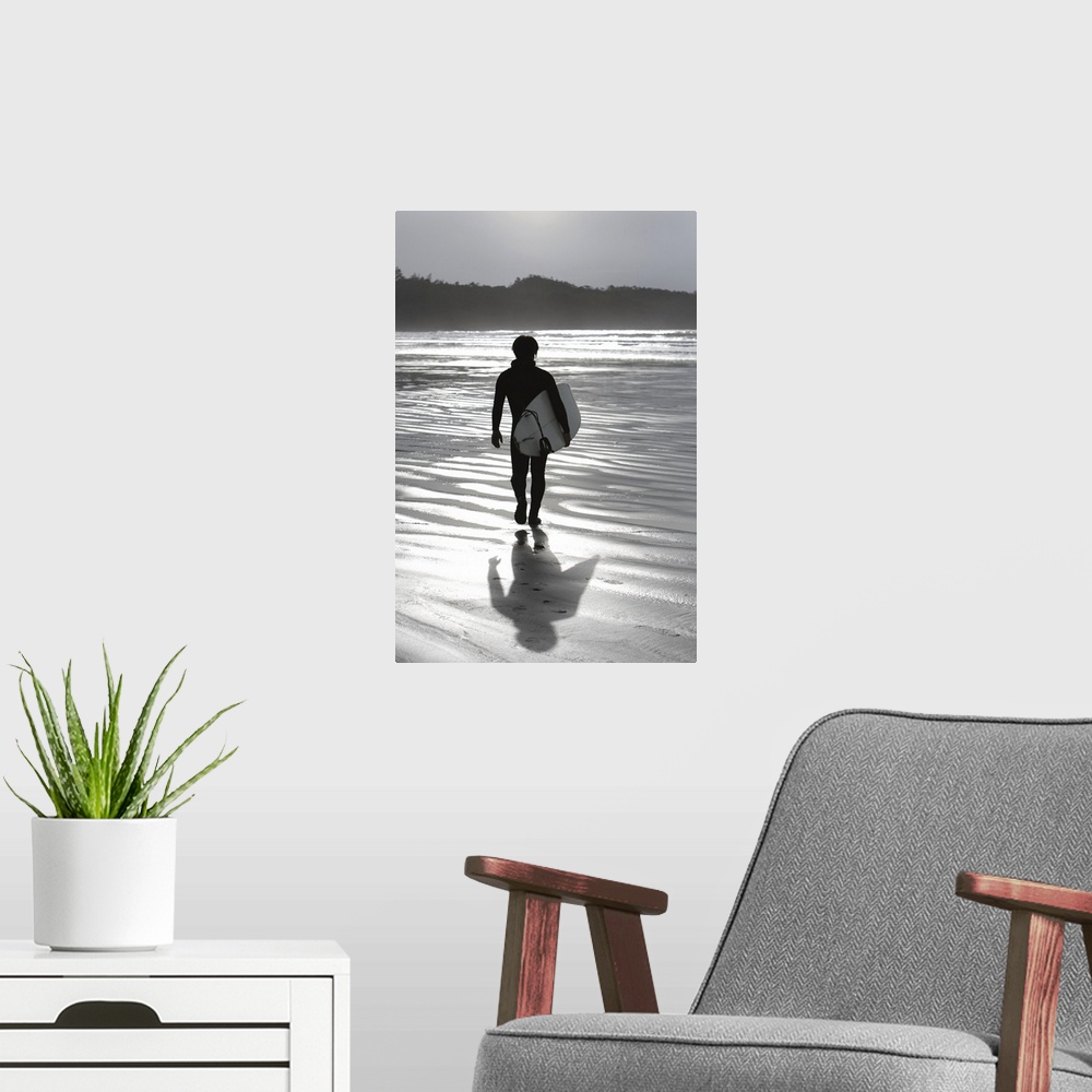 A modern room featuring Cox Bay, Tofino, British Columbia, Canada, Surfer Walking On The Beach