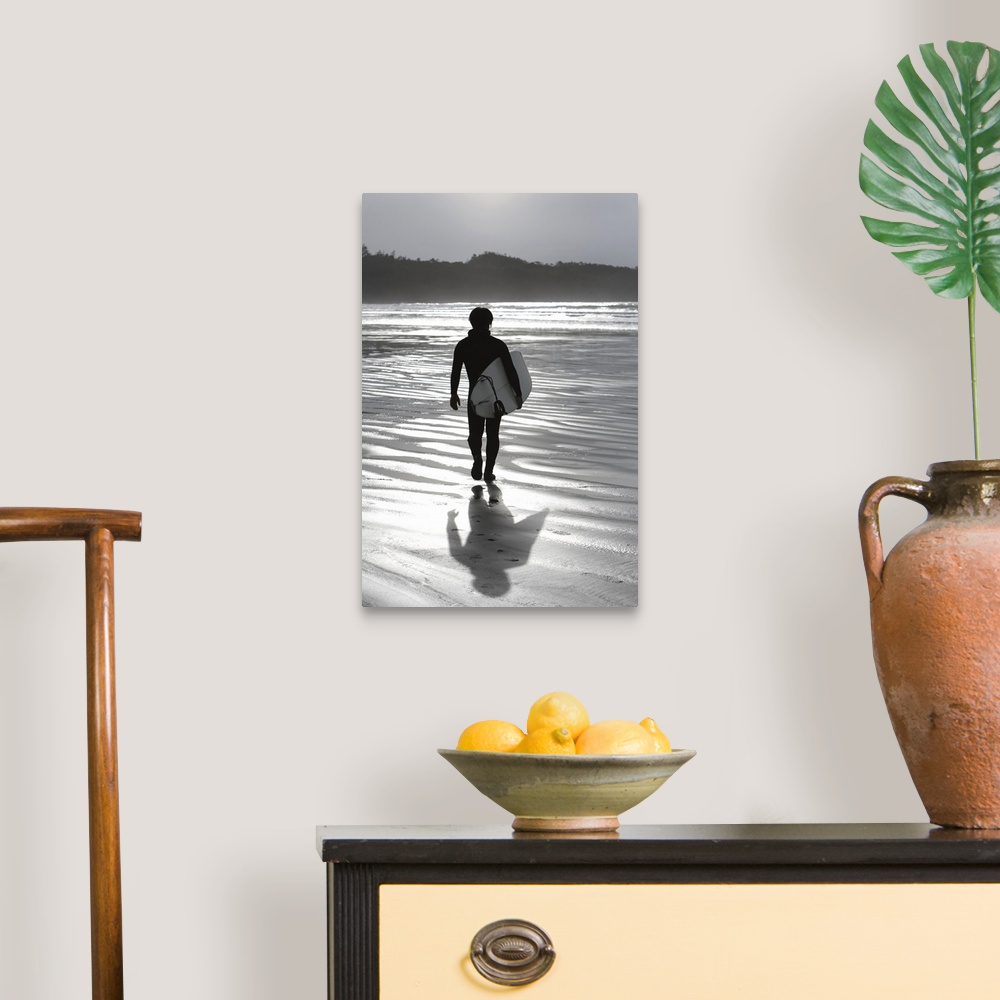 A traditional room featuring Cox Bay, Tofino, British Columbia, Canada, Surfer Walking On The Beach