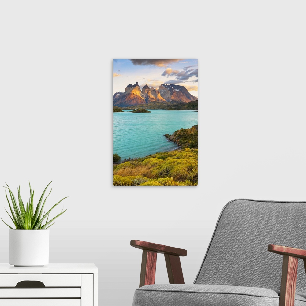 A modern room featuring Cuernos del Paine reflected in Lago Pehoe at sunrise, Torres del Paine National Park, Magallenes,...