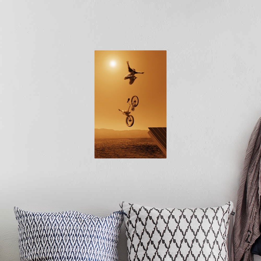 A bohemian room featuring Cyclist Going Off Jump Into Water In Brown Tones