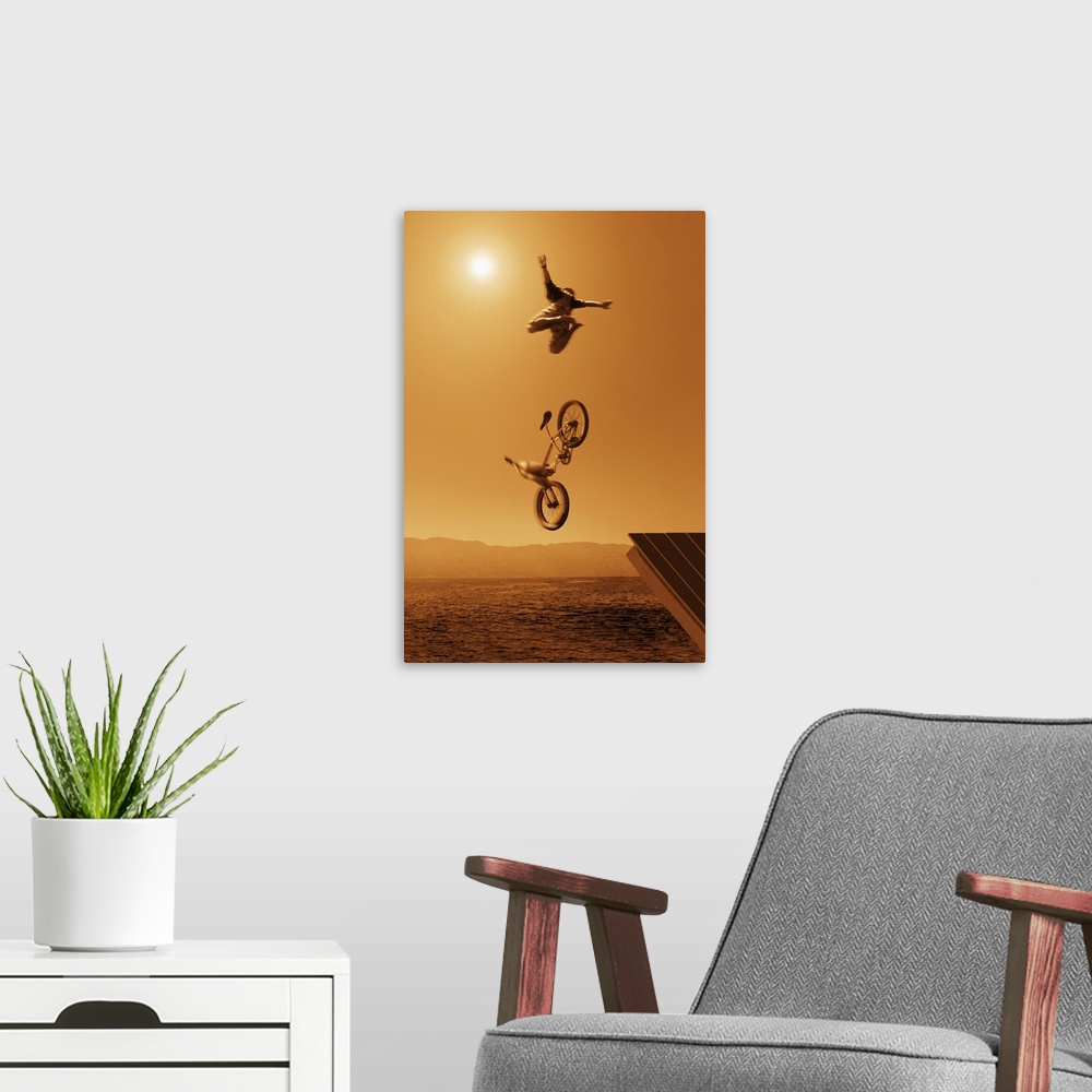 A modern room featuring Cyclist Going Off Jump Into Water In Brown Tones