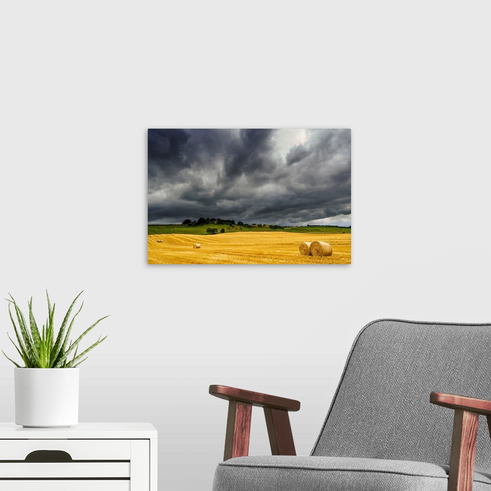 A modern room featuring Dark storm clouds roll over a golden farm field with hay bales; Ravensworth, North Yorkshire, Eng...