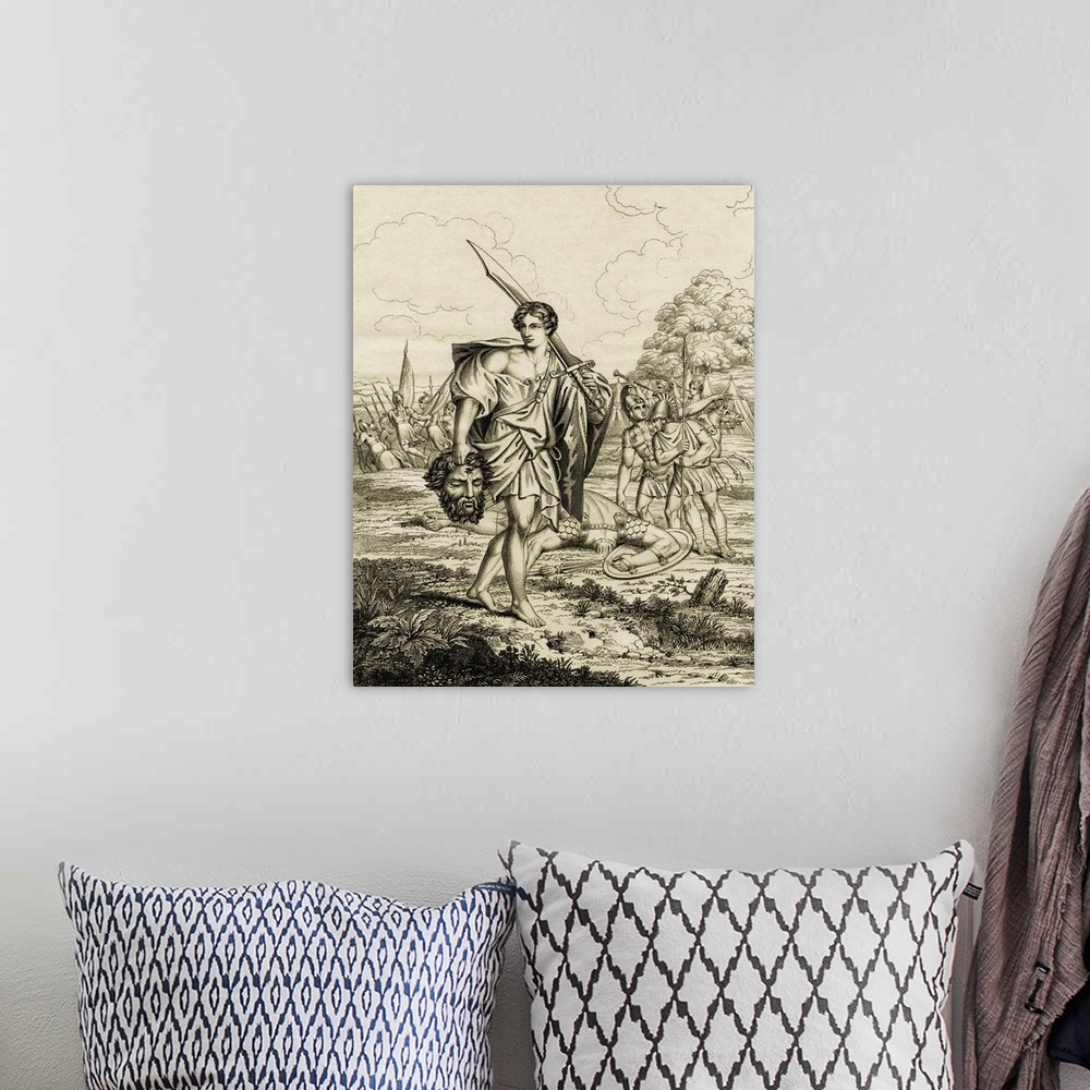 A bohemian room featuring David With Head Of Goliath. 18th Century Print From A Painting By Carlo Marratti, Engraved By H. ...
