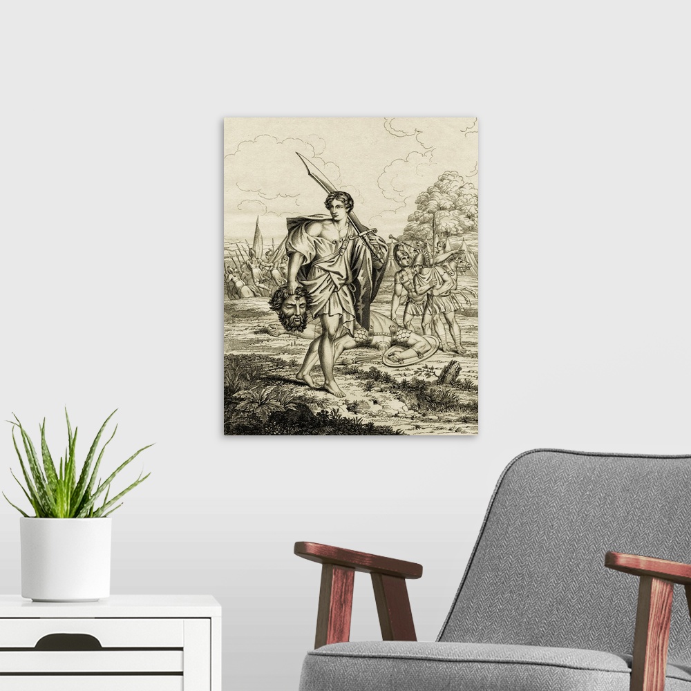 A modern room featuring David With Head Of Goliath. 18th Century Print From A Painting By Carlo Marratti, Engraved By H. ...