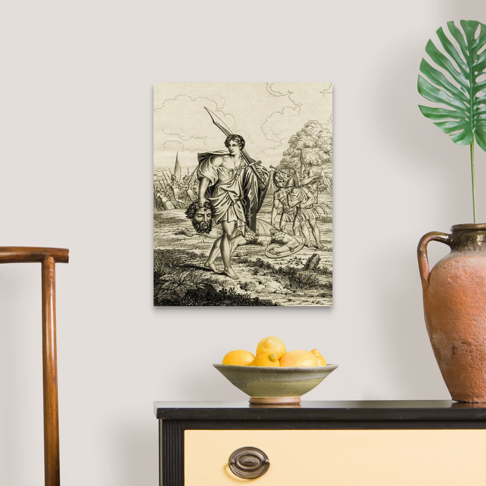 A traditional room featuring David With Head Of Goliath. 18th Century Print From A Painting By Carlo Marratti, Engraved By H. ...