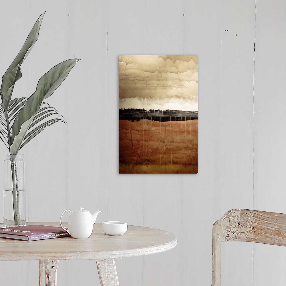 A farmhouse room featuring Dawn, Abstract Painting In Brown And White (Acrylic Painting).