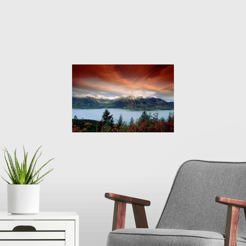 A modern room featuring Dawn, Fog Fernie, Lizard Range, Rockies, British Columbia, Canada