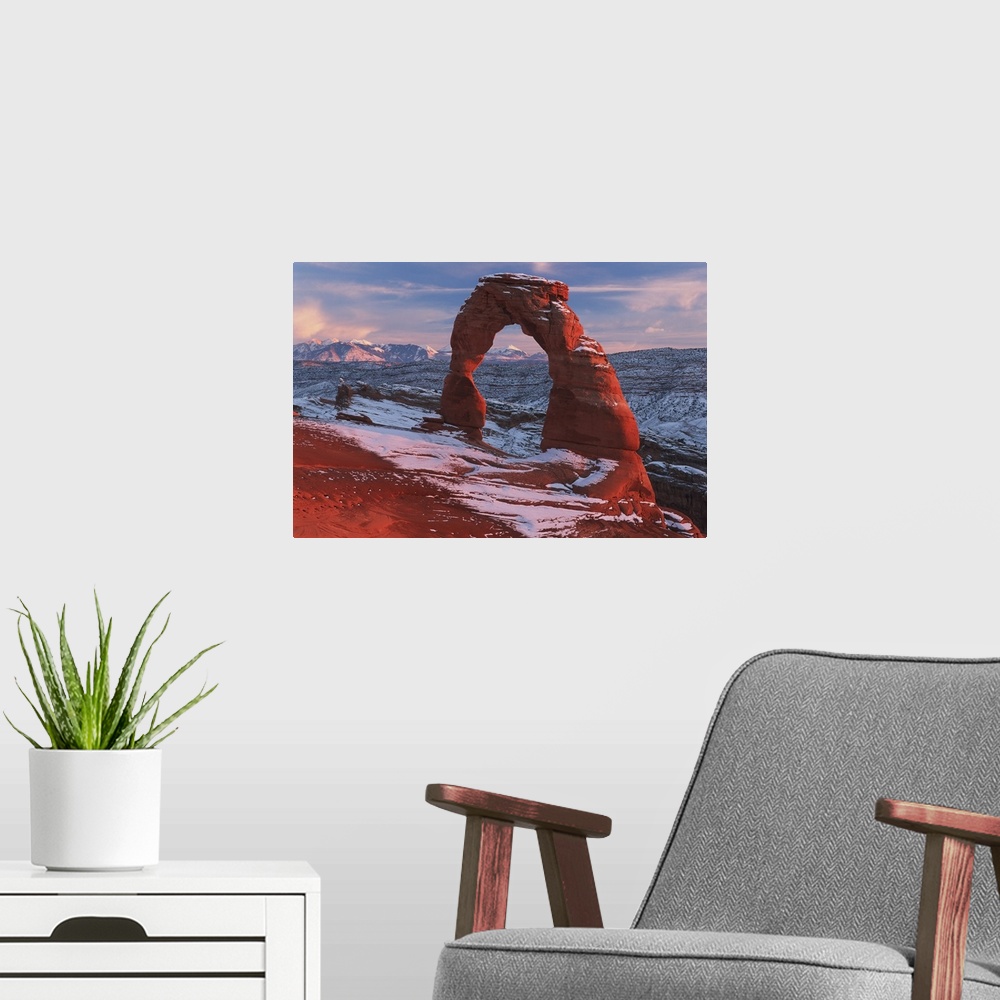 A modern room featuring Delicate Arch At Sunset In Winter In Arches National Park; Utah