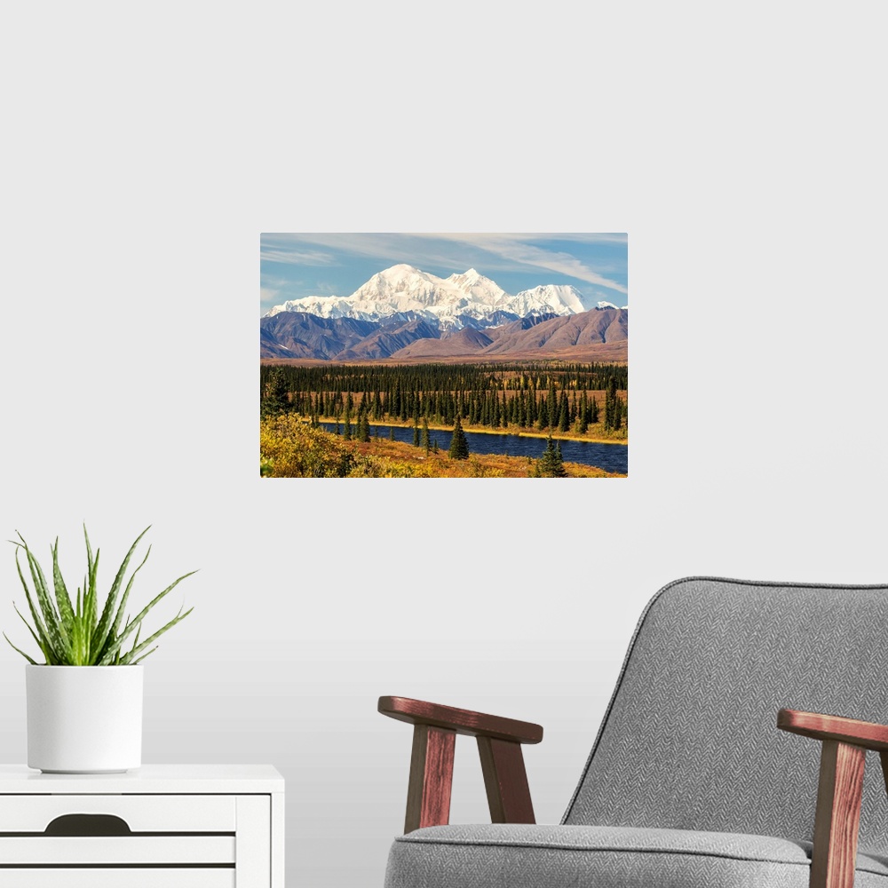 A modern room featuring Denali, viewed from south of Cantwell, from the Parks Highway in Interior Alaska, Alaska, United ...