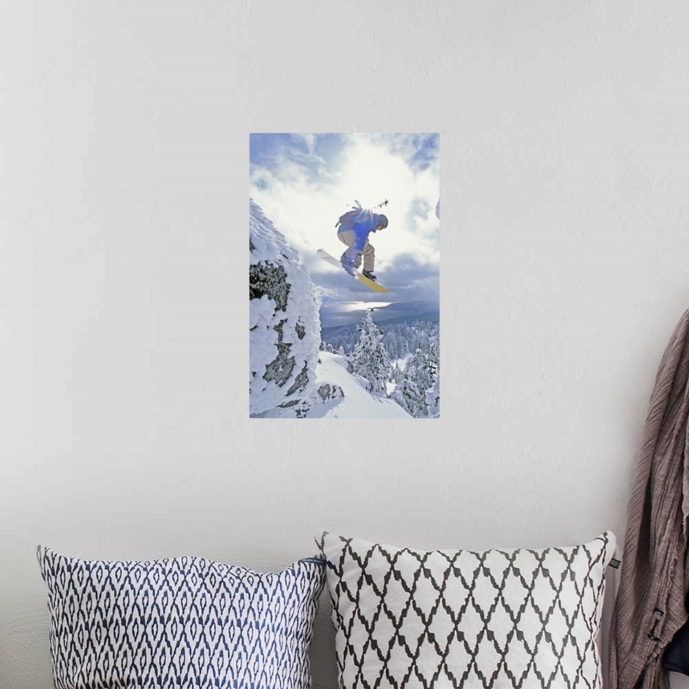 A bohemian room featuring Diamond Peak, Lake Tahoe, Nevada, USA, Man Snowboarding In Mid-Air