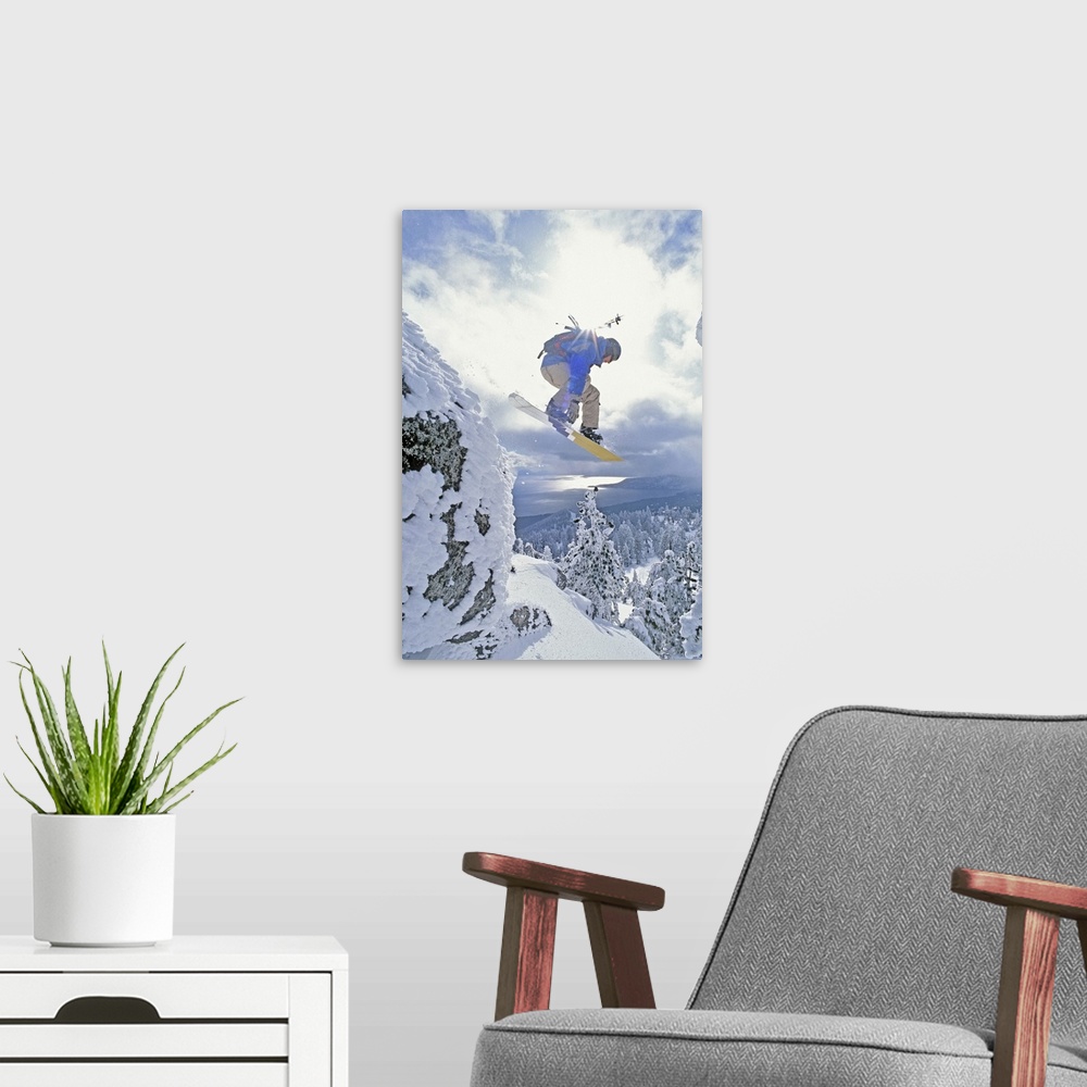 A modern room featuring Diamond Peak, Lake Tahoe, Nevada, USA, Man Snowboarding In Mid-Air