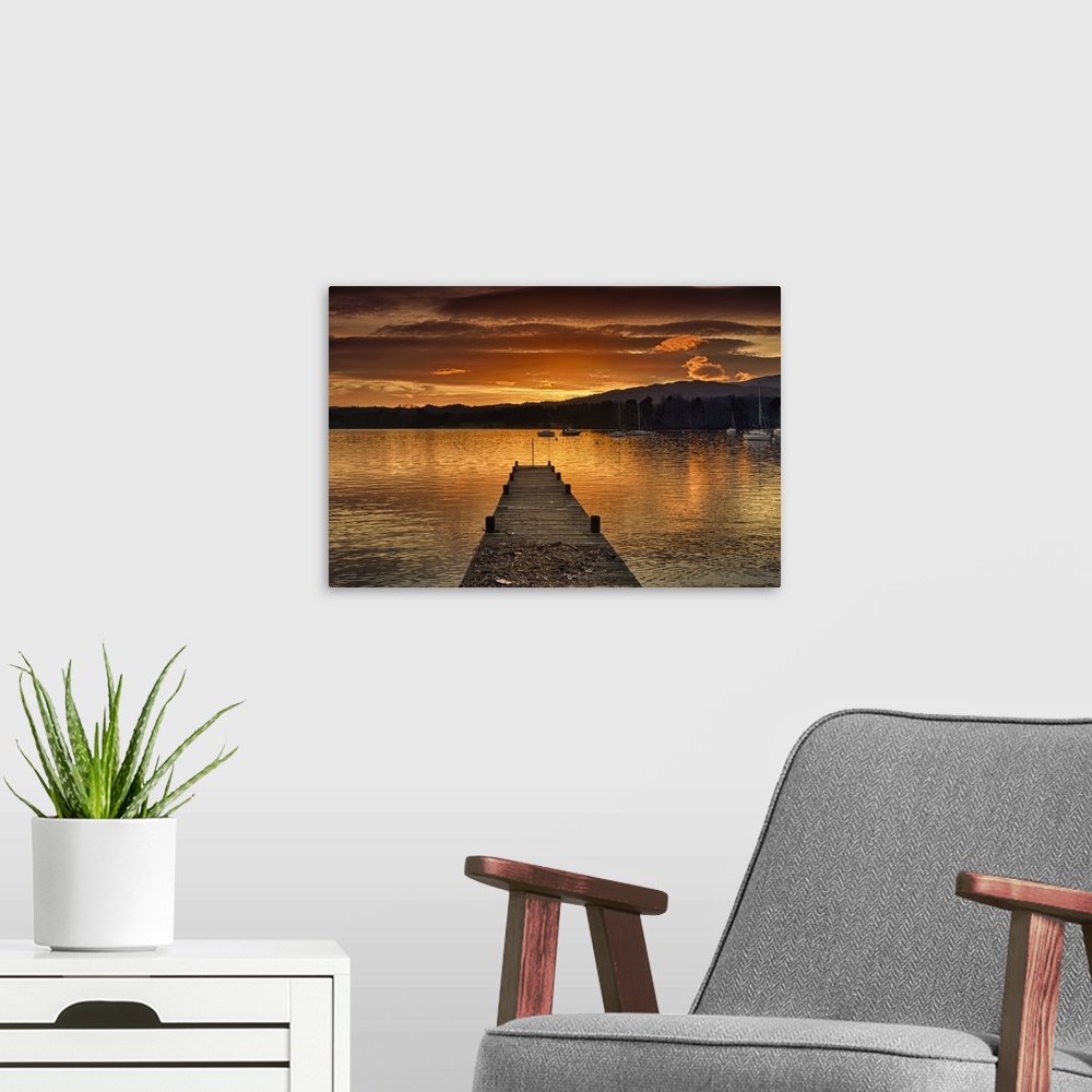 A modern room featuring Dock On Lake Windermere At Sunset; Ambleside, Cumbria, England