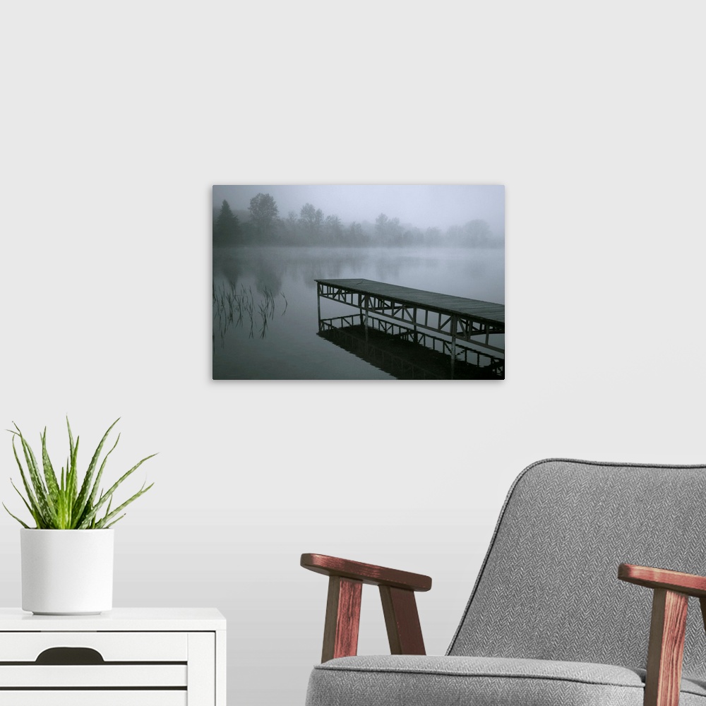 A modern room featuring Dock With Fog Over Lake, Rekowo, Koszalin County, Poland