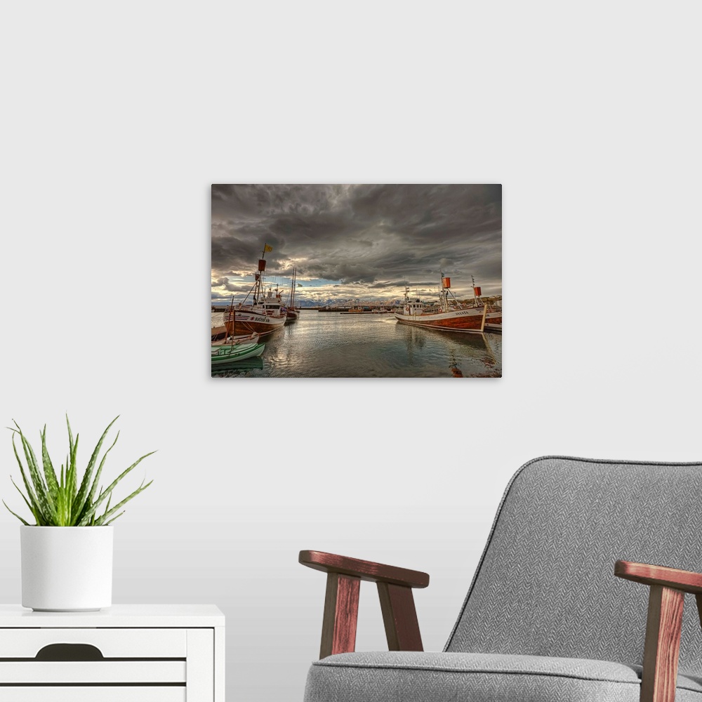 A modern room featuring Dramatic Clouds Over Husavik Harbour, Northern Iceland